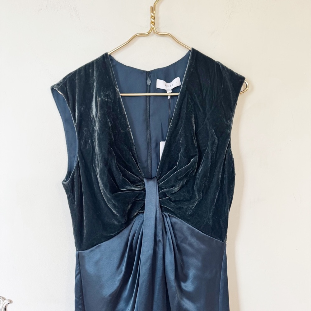 NWT Reiss Livvy Teal Green Velvet and Satin Deep Plunge Cocktail Dress 6 - Picture 8 of 12